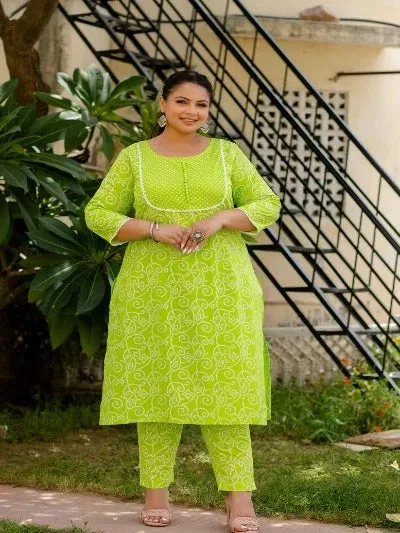 Plus Size Parrot Green Cotton Printed Readymade Salwar Suit