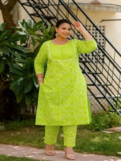 Plus Size Parrot Green Cotton Printed Readymade Salwar Suit