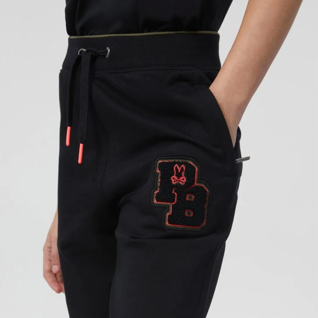 Psycho Bunny Patchin Chenille Bunny Logo Sweatpants (Black) B6P850U1FT