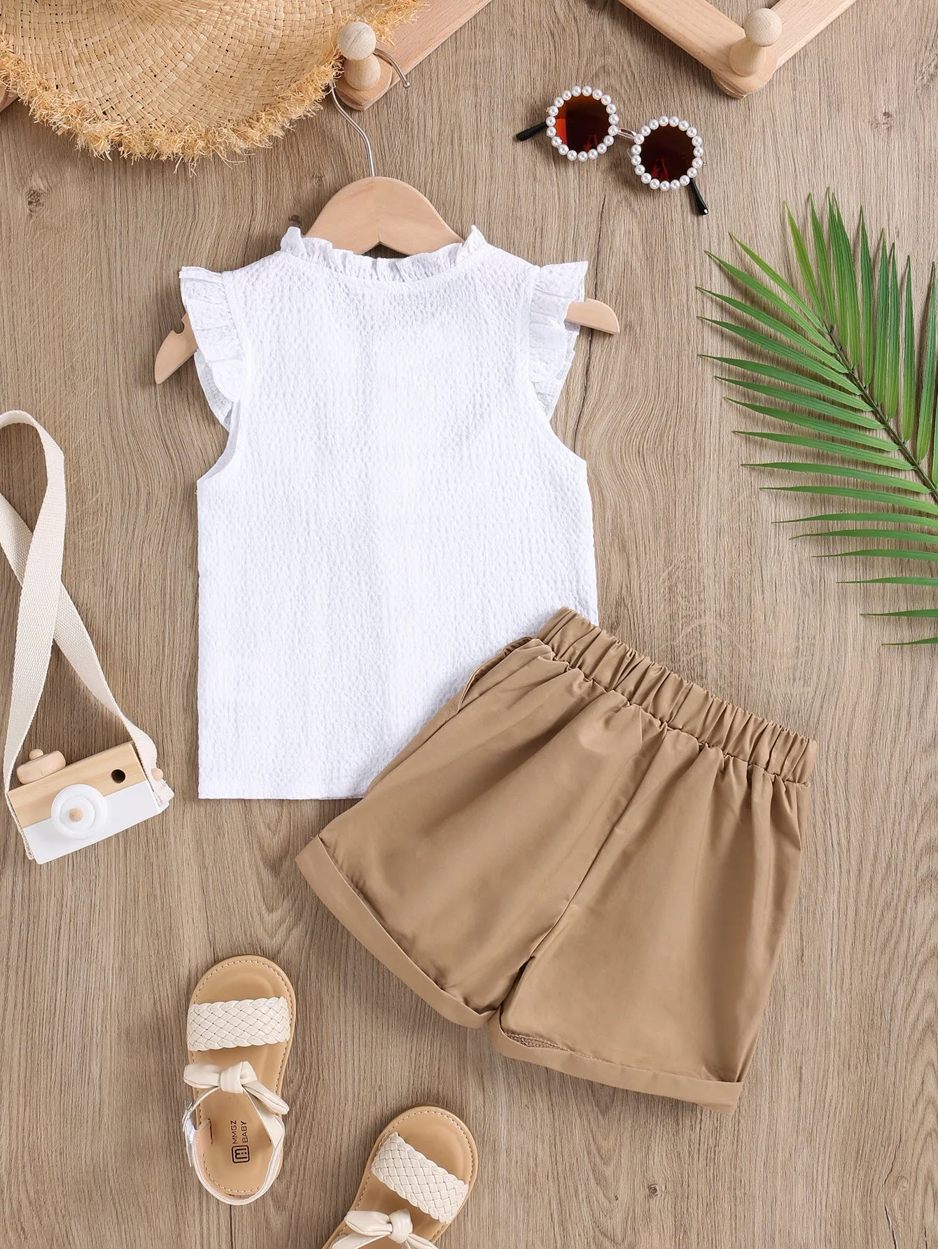 Pure hemp cotton fly sleeve top woven shorts girls' suit two-piece set