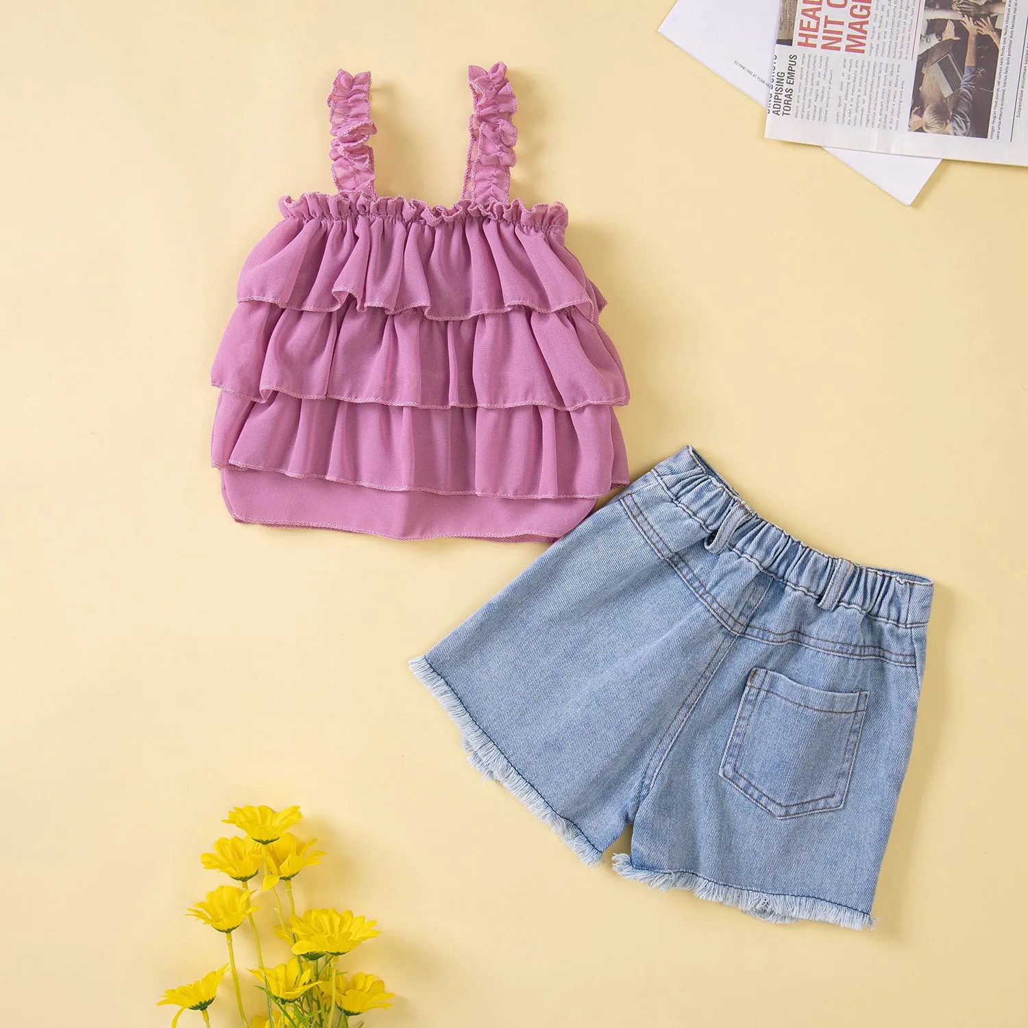 Summer New Children's Loose Top with Suspender two Pieces of Torn Denim Shorts