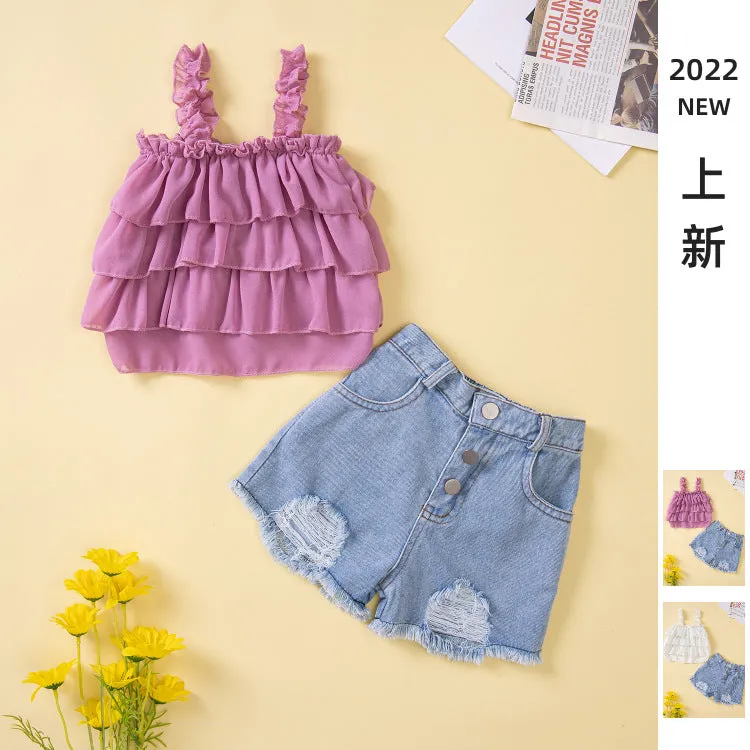 Summer New Children's Loose Top with Suspender two Pieces of Torn Denim Shorts