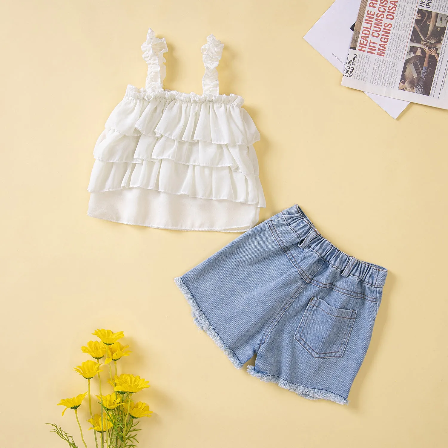 Summer New Children's Loose Top with Suspender two Pieces of Torn Denim Shorts