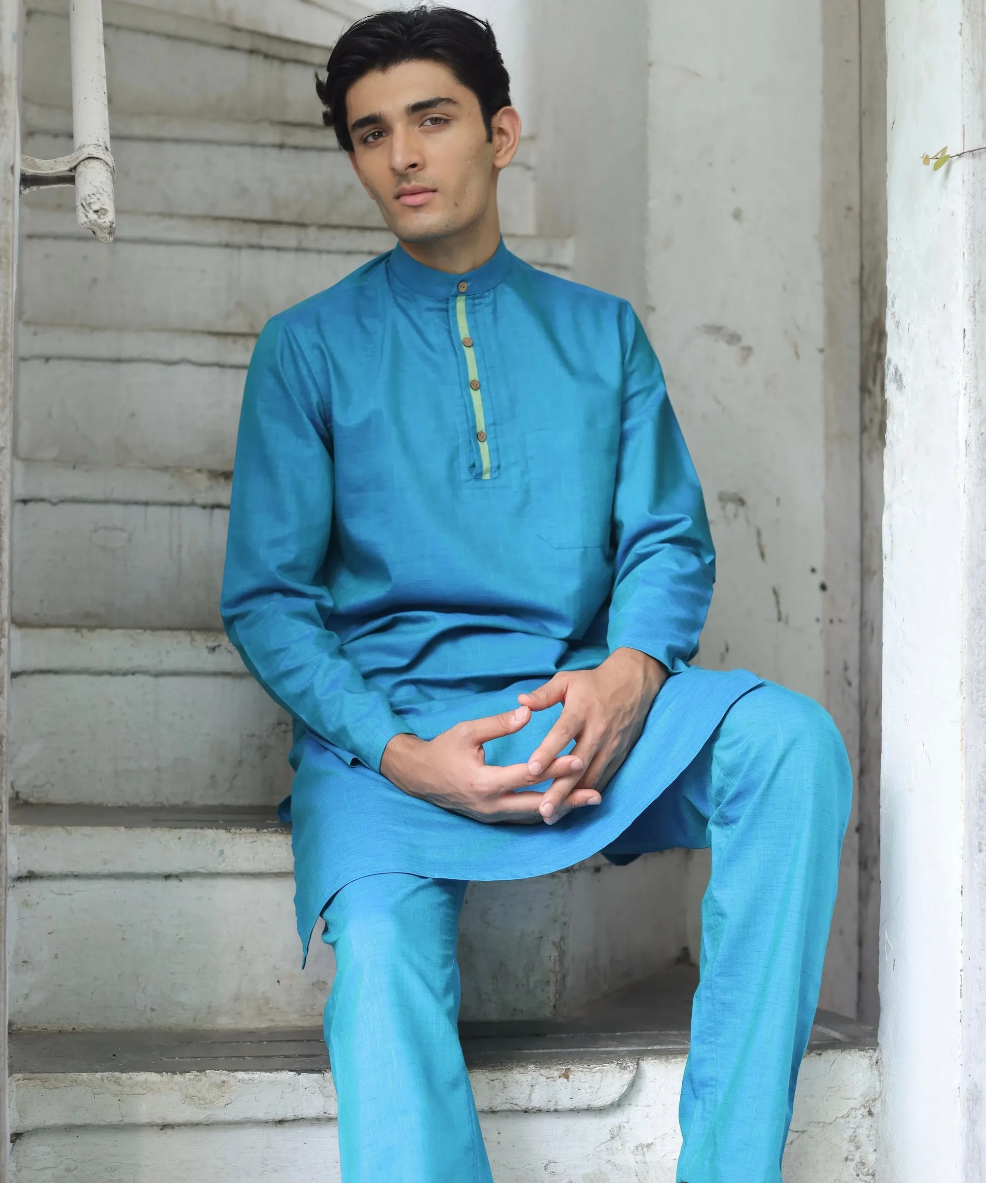 Tranquil Teal Linen Kurta Pyjama Set