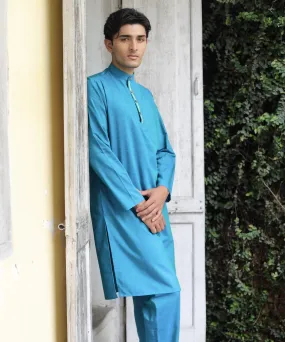 Tranquil Teal Linen Kurta Pyjama Set