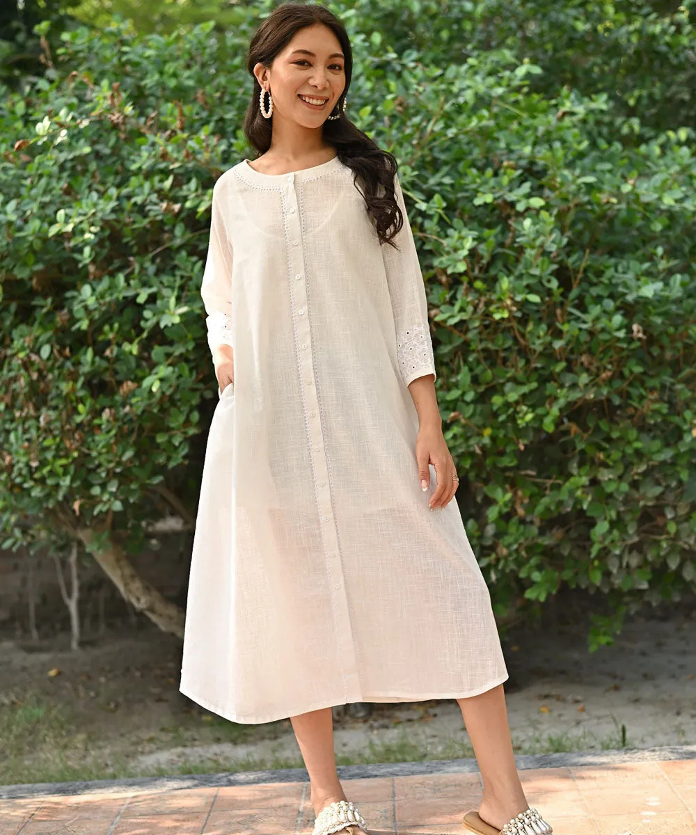 White hand embroidered cotton A line kurta