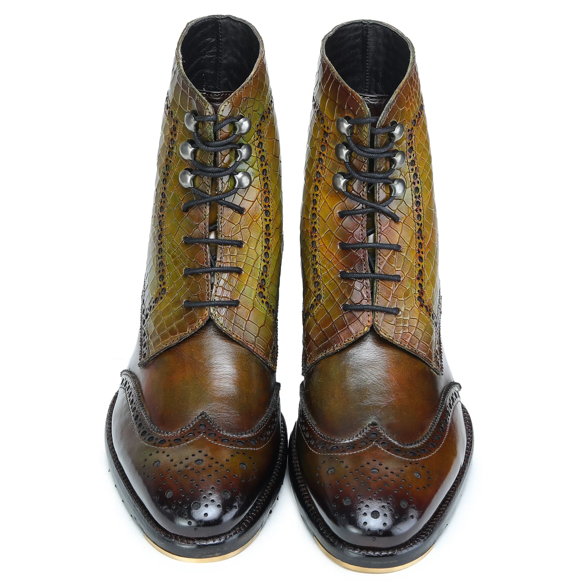 Wingtip Lace Up Boots- Croc Olive