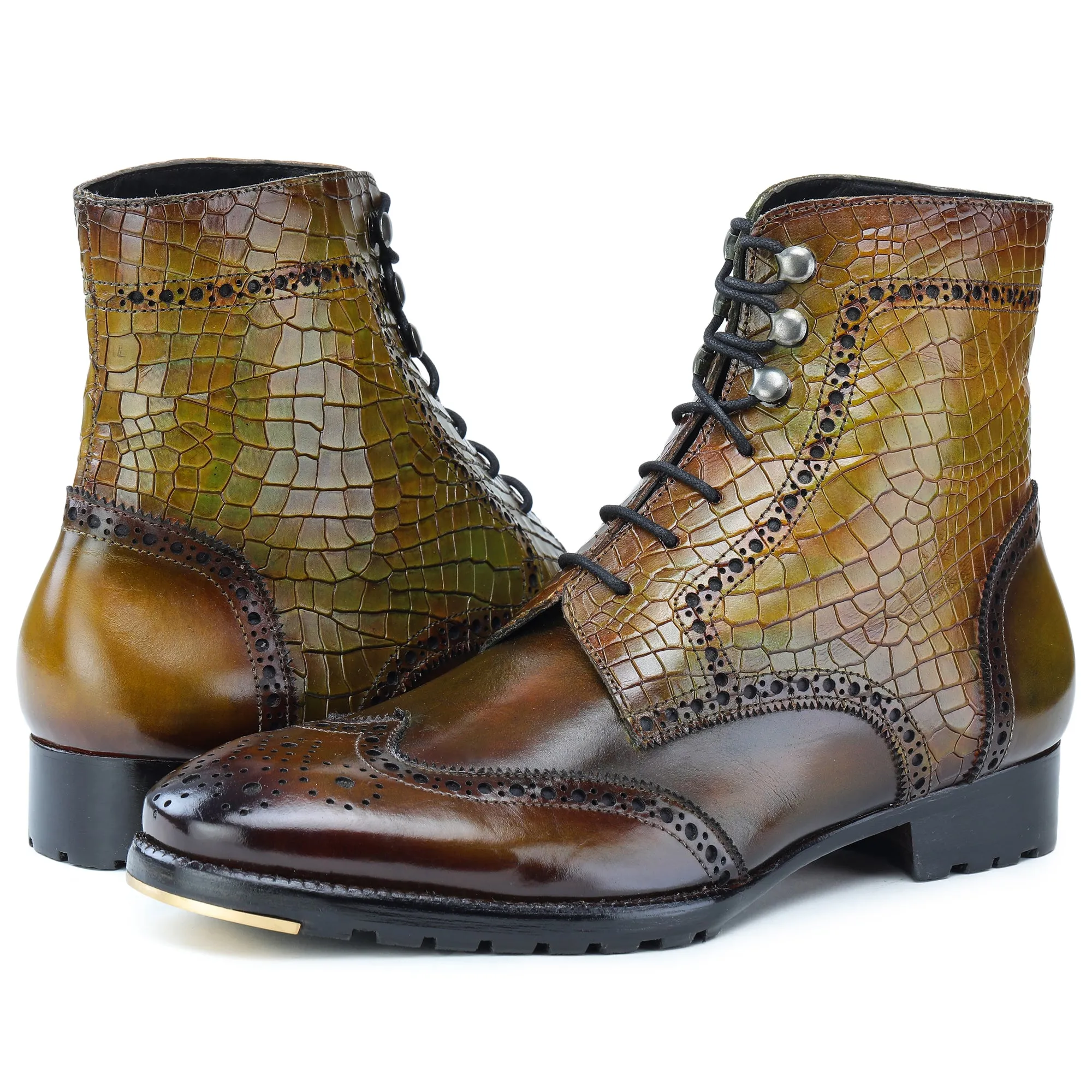 Wingtip Lace Up Boots- Croc Olive