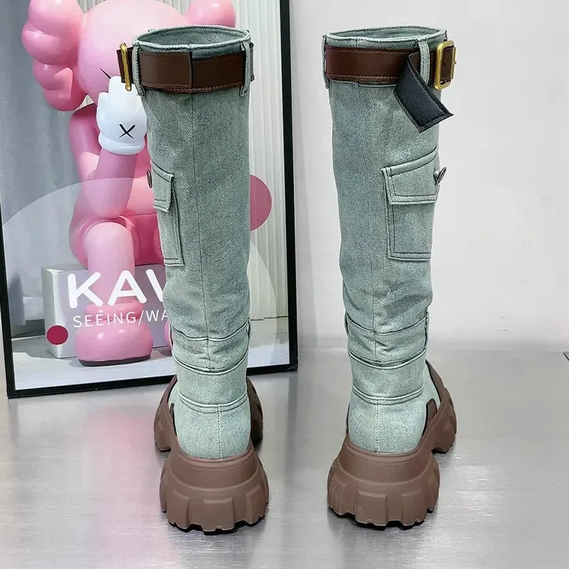 Women Casual Denim Boots Shoes Cowboy Chelsea Boots 2023 Winter Flats Boots