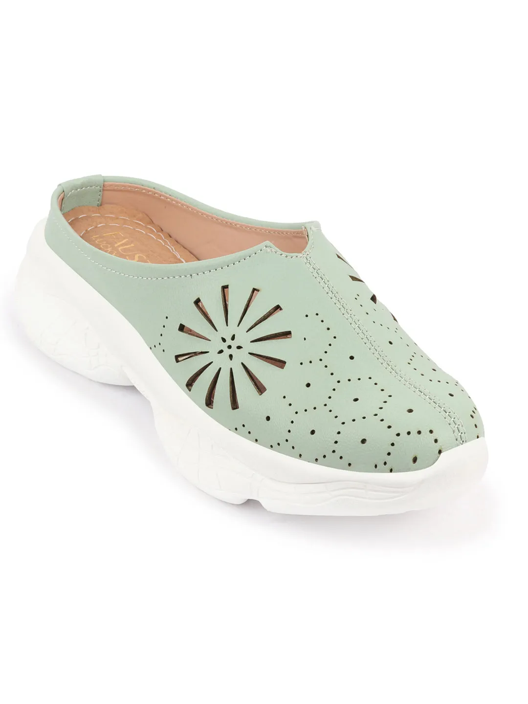 Women Pista Green Laser Cut Design Stitched Breathable Back Open Slip On Mules Shoes