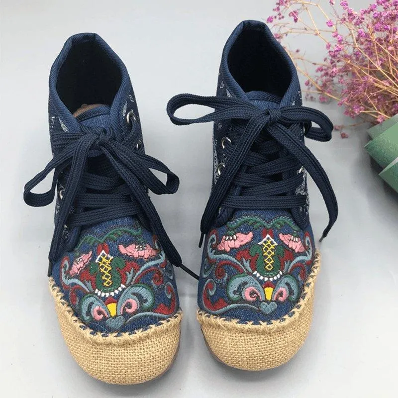 Women Slip On Paneled Embroidered Lace Up Casual Boots