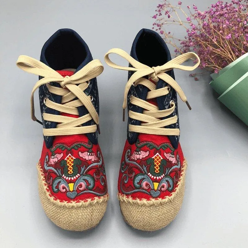 Women Slip On Paneled Embroidered Lace Up Casual Boots