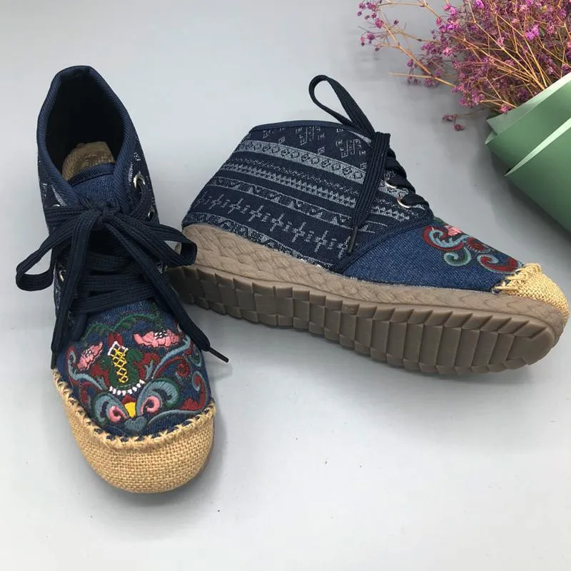 Women Slip On Paneled Embroidered Lace Up Casual Boots