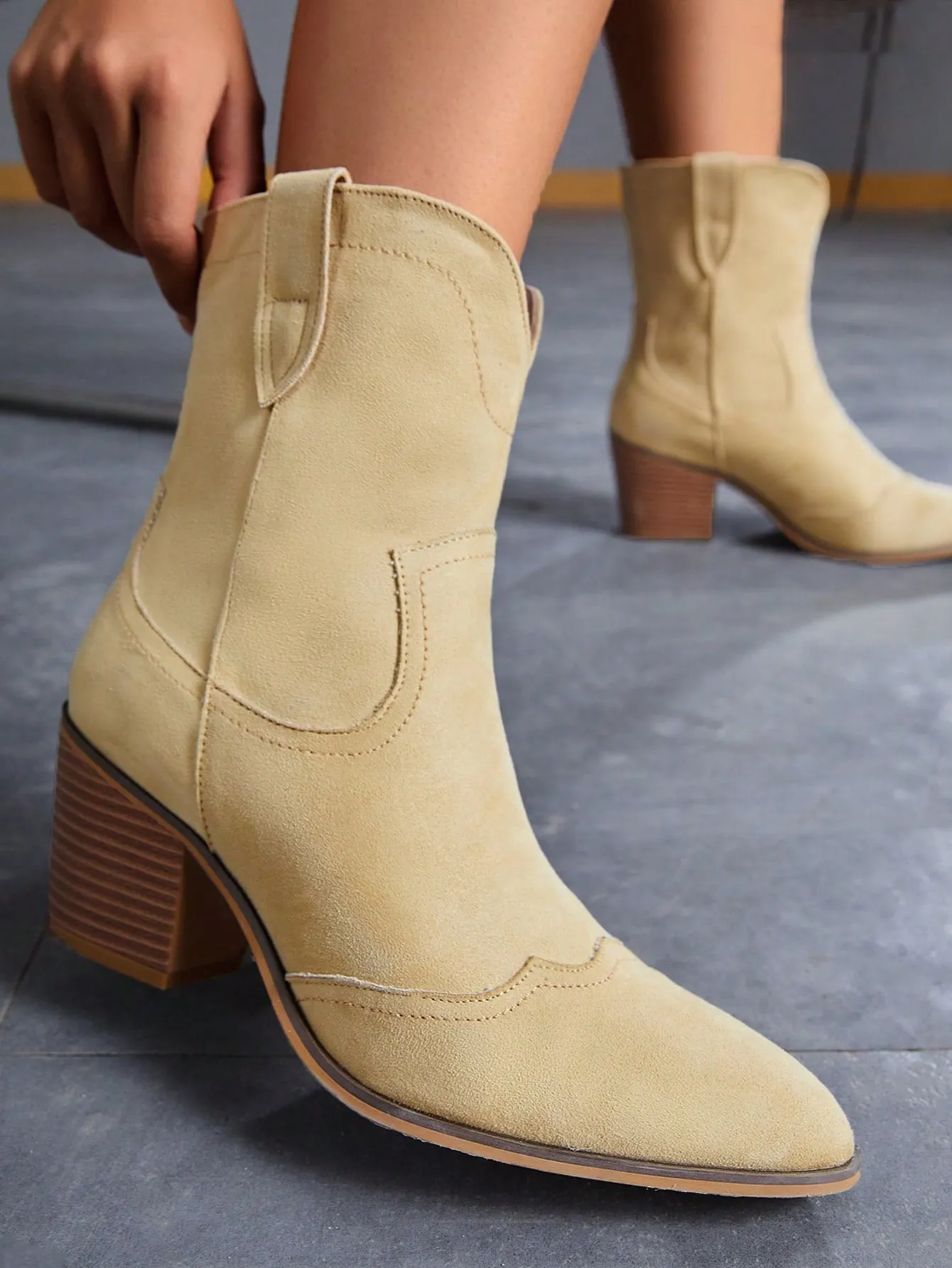 Women Slip On Point Toe Chunky Heeled Western Boots, Elegant Outdoor Fabric Fashion Boots