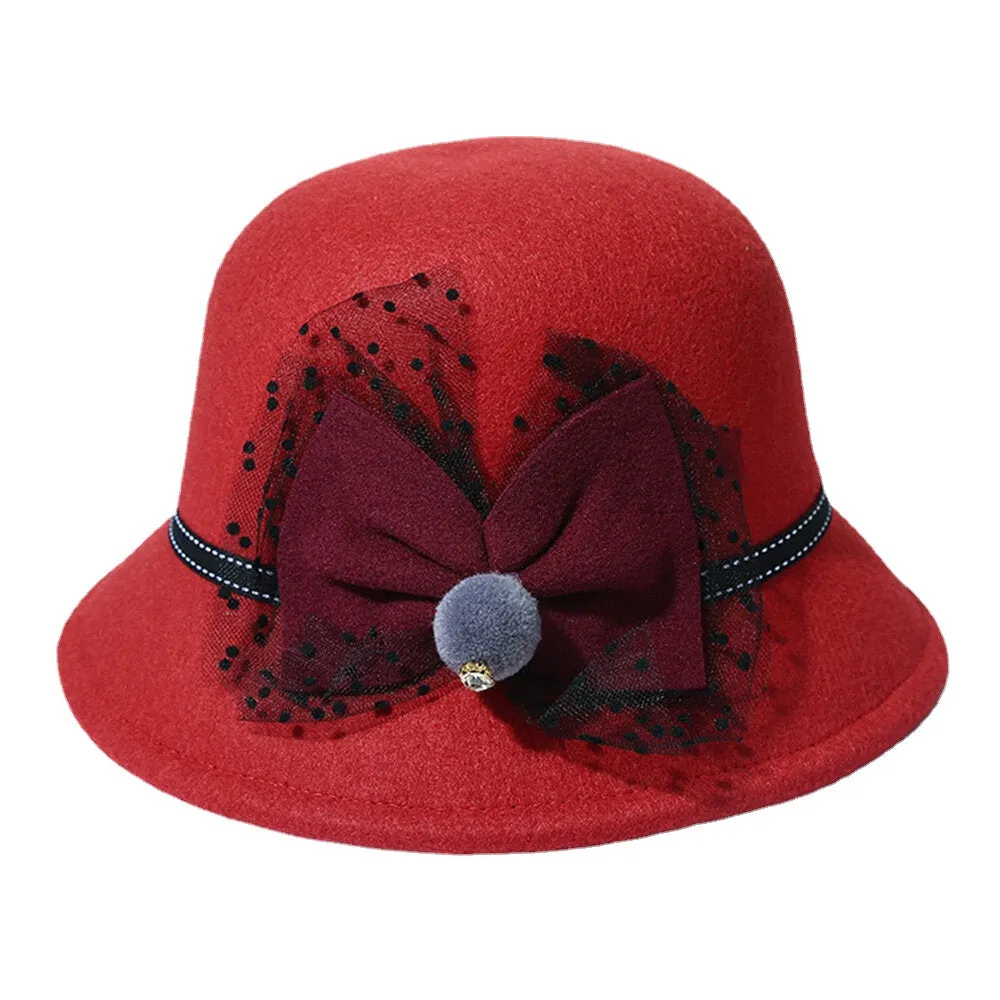 Women Winter Outdoor Cool Protection Warm Top Hat Felt Bow Decoration Lace Fedora Hat Bucket Hat