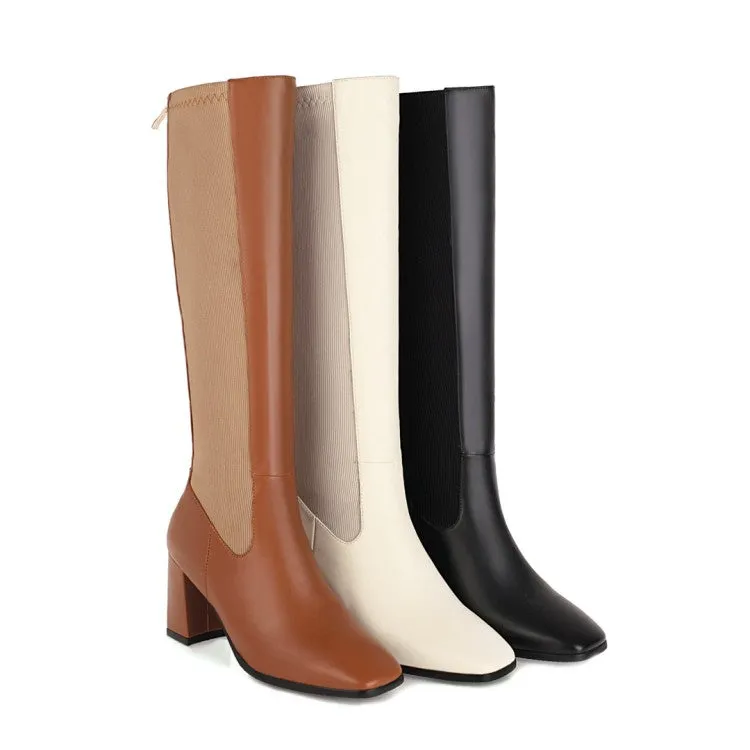 Women's Bicolor Square Toe Zippers Chunky Heel Knee-High Boots