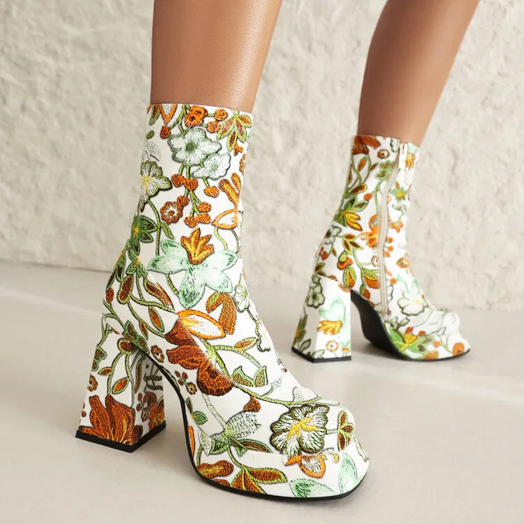 Women's Booties Flowers Prints Block Chunky Heel Platform Ankle Boots