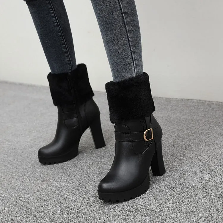 Women's Booties Fold Side Zippers Buckle Straps Block Chunky Heel Platform Short Boots