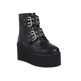 Women's Booties Glossy Round Toe Double Buckle Straps Wedge Heel Platform Short Boots