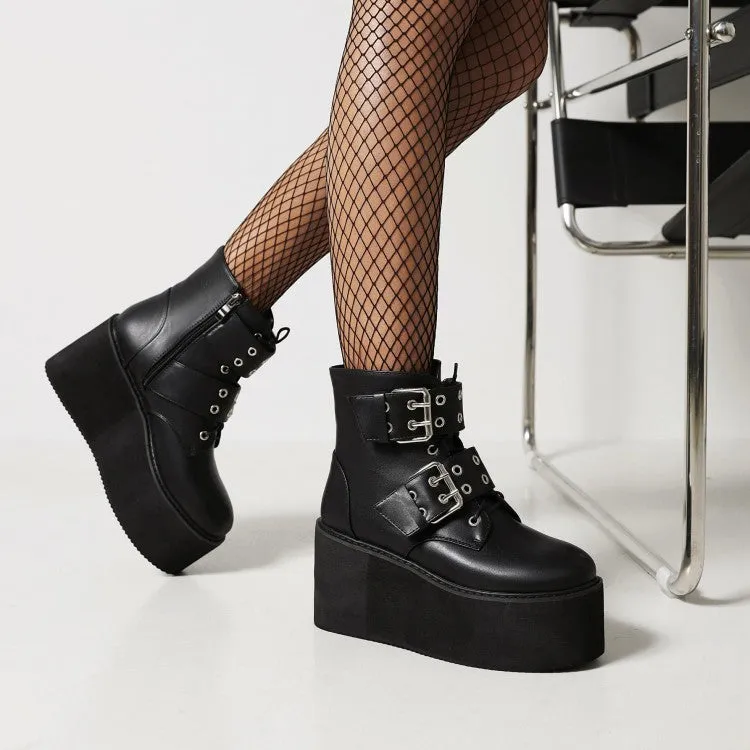 Women's Booties Glossy Round Toe Double Buckle Straps Wedge Heel Platform Short Boots