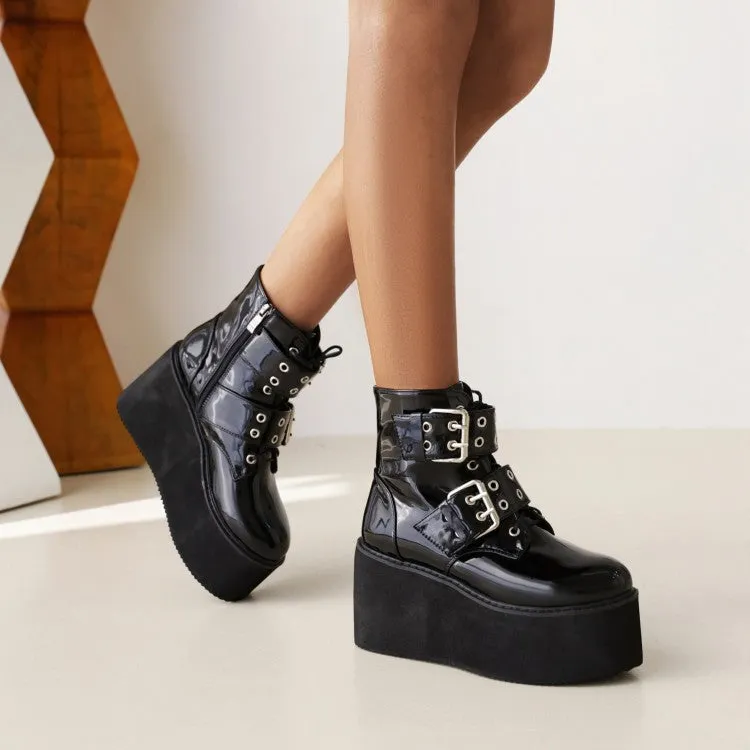 Women's Booties Glossy Round Toe Double Buckle Straps Wedge Heel Platform Short Boots