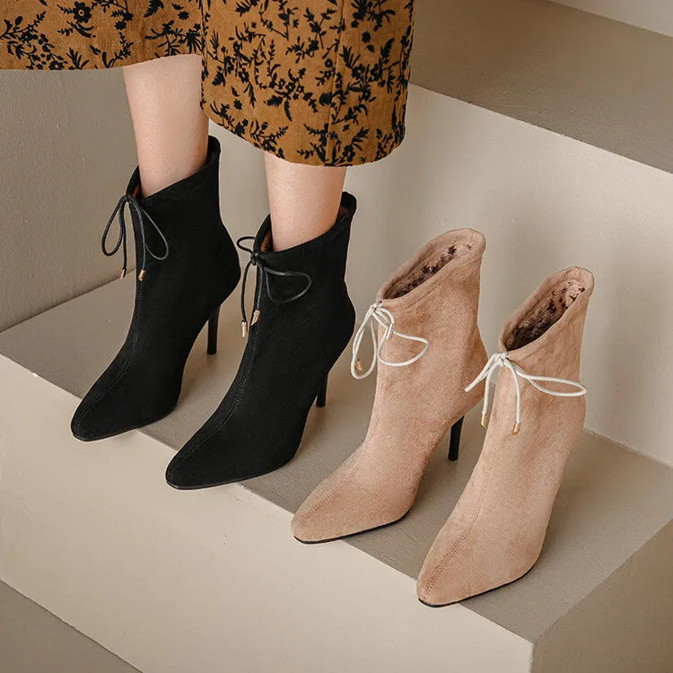 Women's Flock Pointed Toe Stiletto Heel Tied Straps Ankle Boots