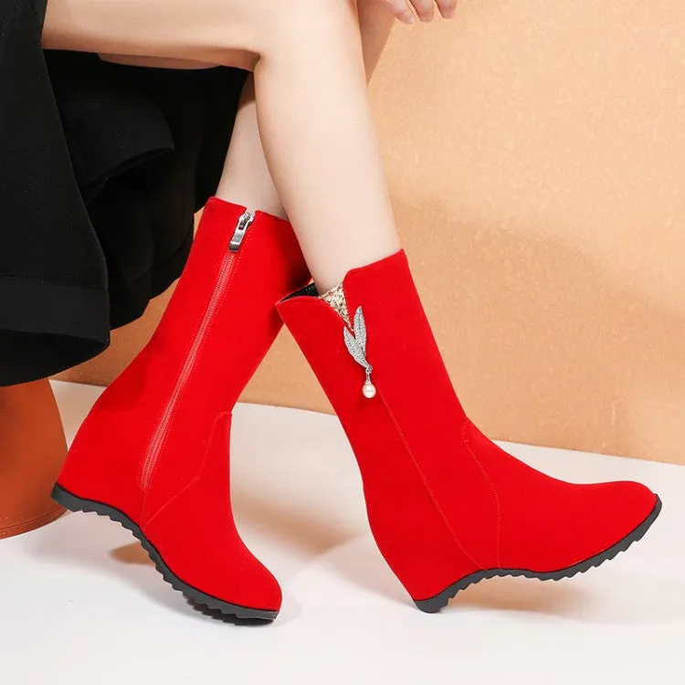 Women's Flock Round Toe Rhinestone Pearls Inside Heighten Ankle Boots