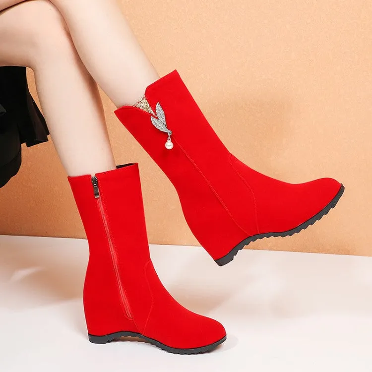 Women's Flock Round Toe Rhinestone Pearls Inside Heighten Ankle Boots