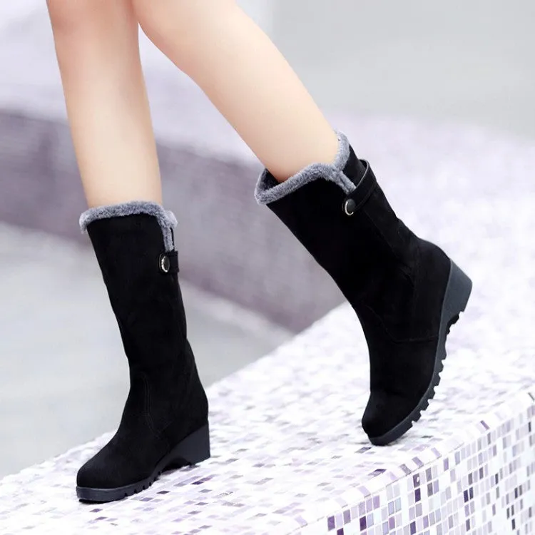 Women's Flock Round Toe Wedge Heel Mid-Calf Boots