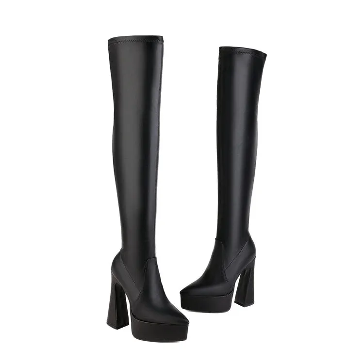 Women's Frosted Pu Leather Pointed Toe Spool Heel Platform Over the Knee Boots