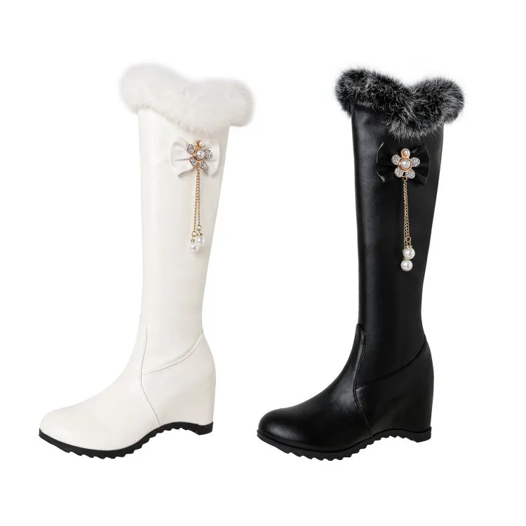 Women's Fur Pearls Bow Tie Inside Heighten Wedge Heel Knee-High Boots