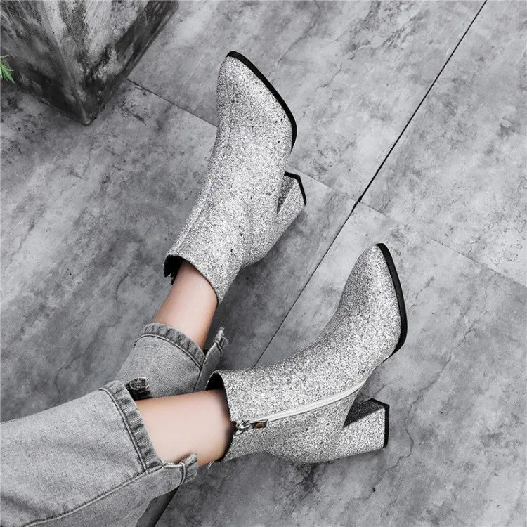 Women's Glitter Pointed Toe Side Zippers Block Chunky Heel Platform Short Boots