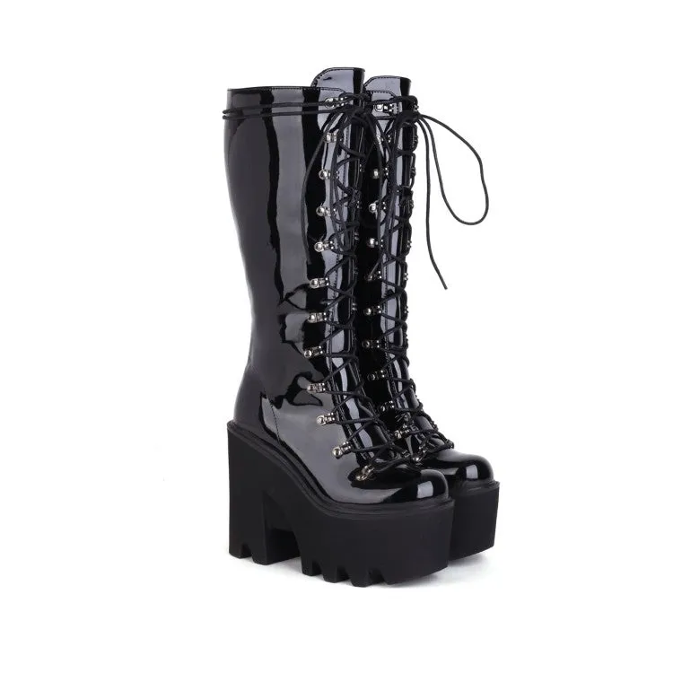 Women's Glossy Round Toe Lace Up Block Chunky Heel Platform Mid-calf Boots