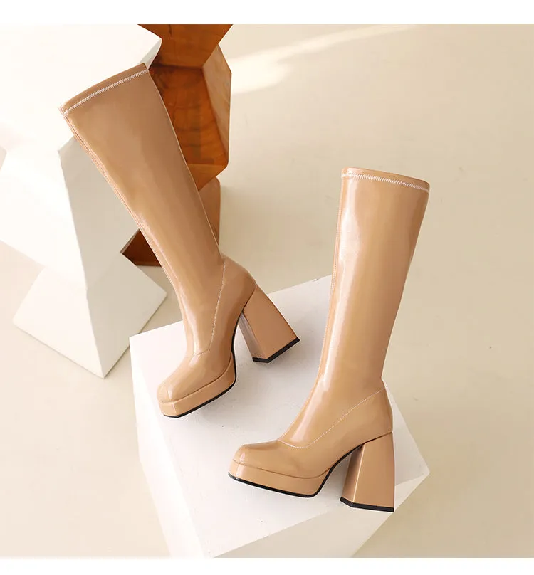 Women's Glossy Square Toe Chunky Heel Platform Knee-High Boots