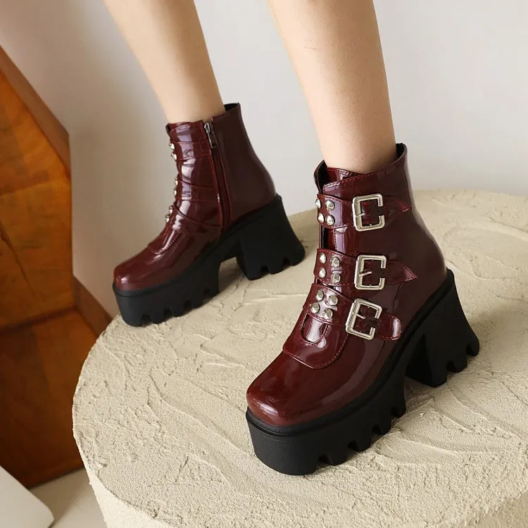 Women's Glossy Square Toe Rivets Buckle Straps Block Chunky Heel Platform Short Boots