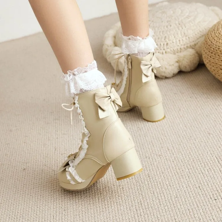 Women's Lace Bow Tie Pearls Block Chunky Heel Ankle Boots