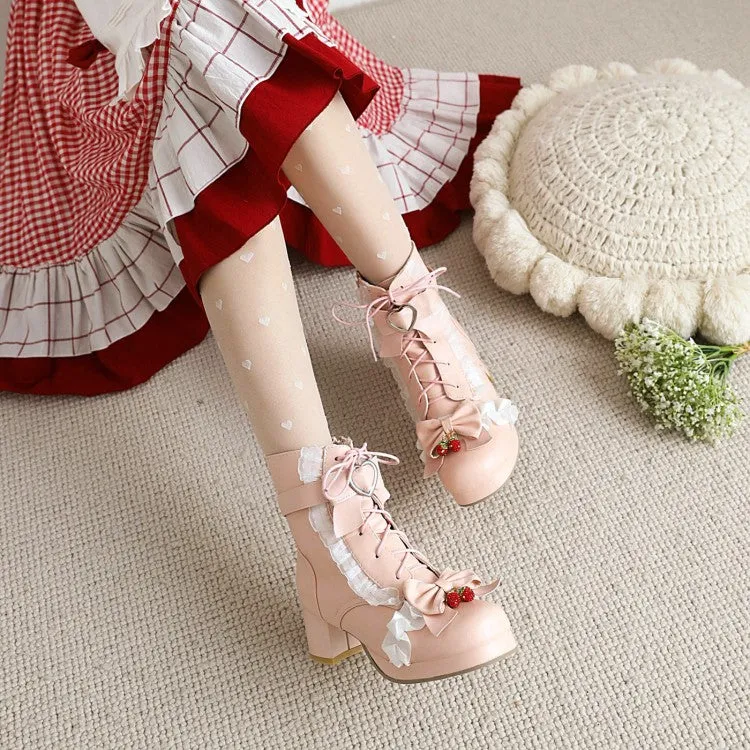 Women's Lace Bow Tie Tied Straps Block Chunky Heel Ankle Boots