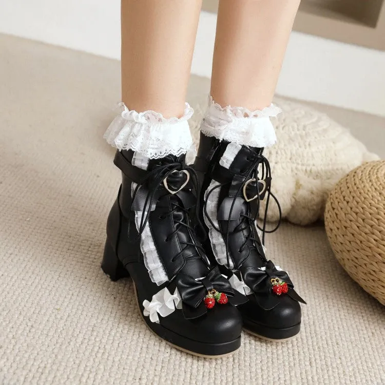 Women's Lace Bow Tie Tied Straps Block Chunky Heel Ankle Boots