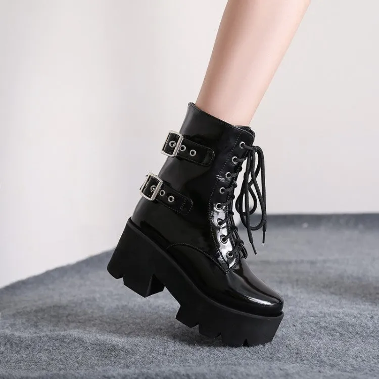 Women's Lace Up Buckle Straps Riding Block Chunky Heel Platform Short Boots