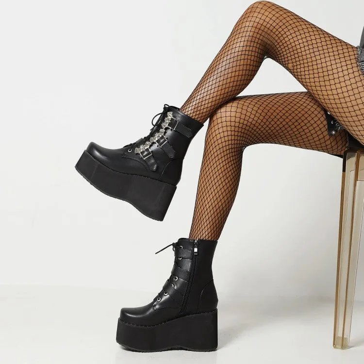 Women's Lace Up Buckle Straps Wedge Heel Platform Short Boots