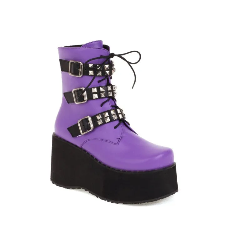 Women's Lace Up Rivets Buckle Straps Side Zippers Wedge Heel Platform Short Boots