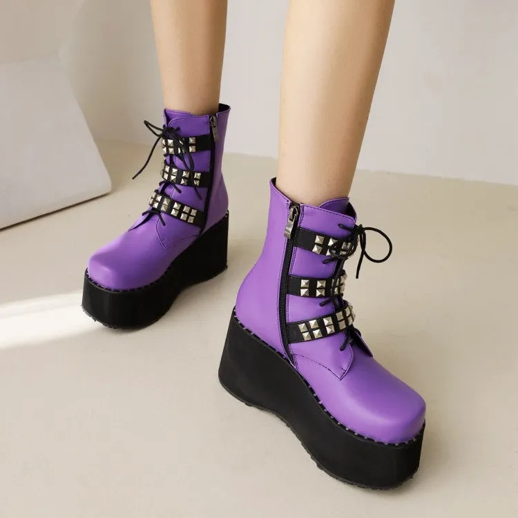 Women's Lace Up Rivets Buckle Straps Side Zippers Wedge Heel Platform Short Boots