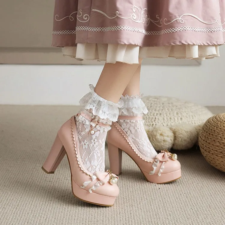 Women's Lolita Lace Pearls Bow Tie Chunky Heel Platform Pumps