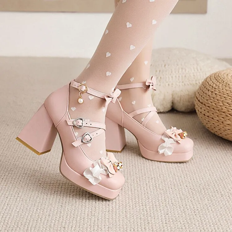 Women's Lolita Square Toe Lace Bow Tie Pearls Chunky Heel Platform Pumps