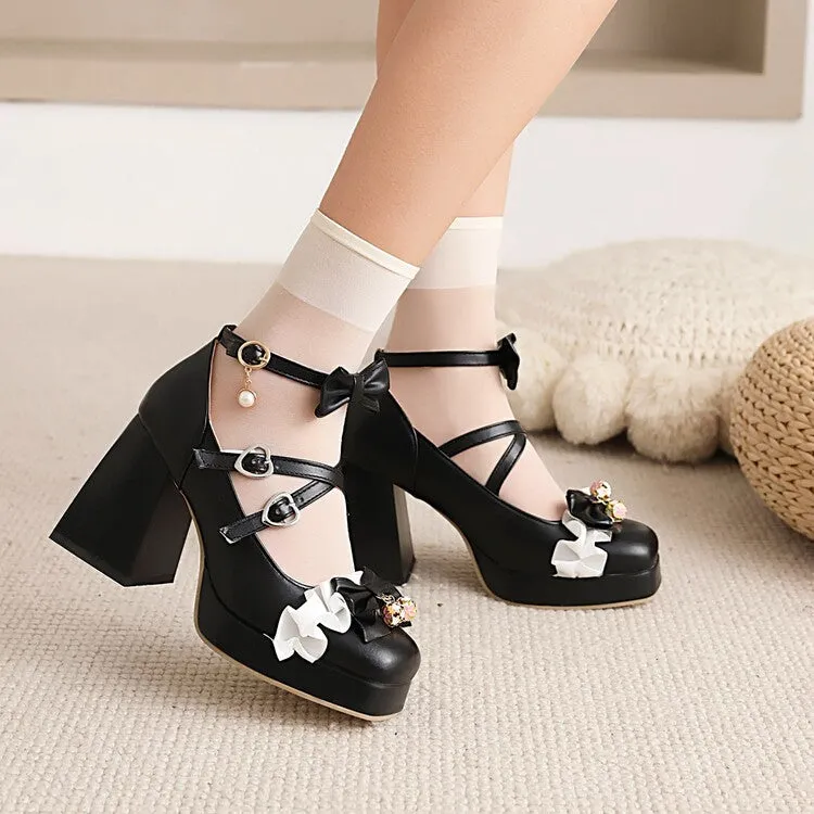 Women's Lolita Square Toe Lace Bow Tie Pearls Chunky Heel Platform Pumps