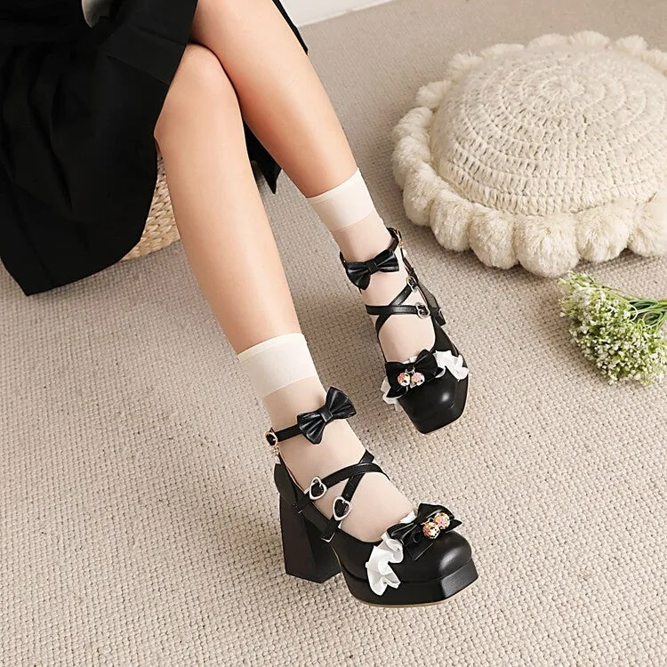 Women's Lolita Square Toe Lace Bow Tie Pearls Chunky Heel Platform Pumps