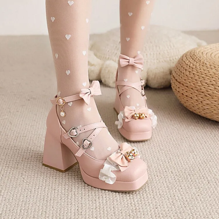 Women's Lolita Square Toe Lace Bow Tie Pearls Chunky Heel Platform Pumps