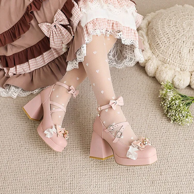 Women's Lolita Square Toe Lace Bow Tie Pearls Chunky Heel Platform Pumps