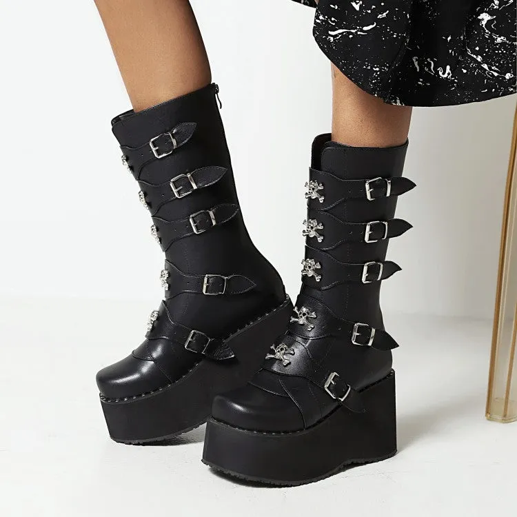 Women's Metal Buckle Platform Wedge Heel Mid Calf Boots