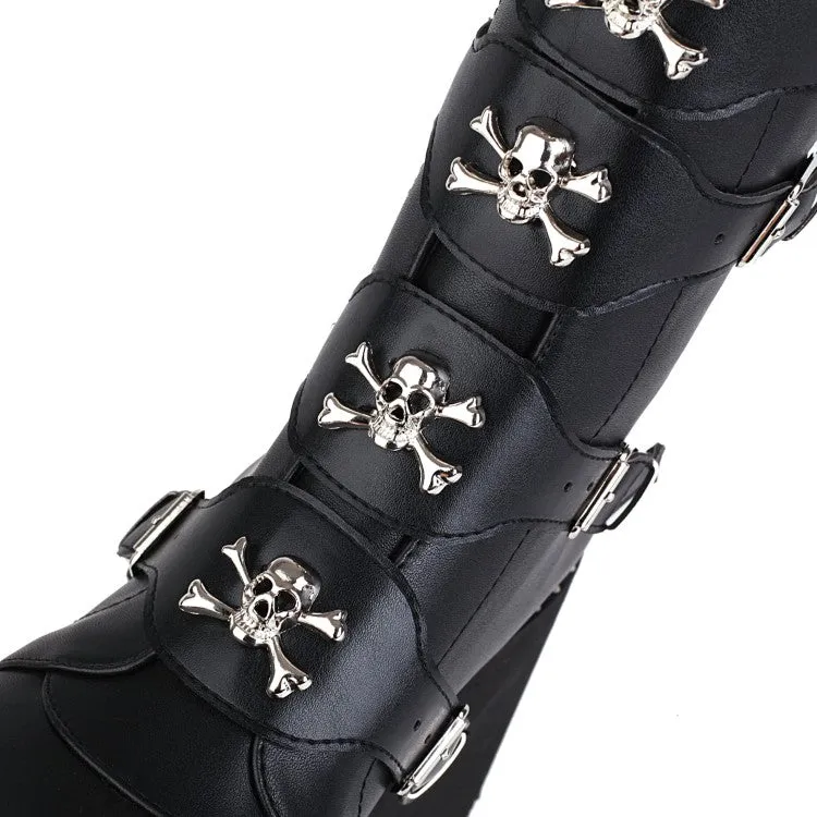 Women's Metal Buckle Platform Wedge Heel Mid Calf Boots